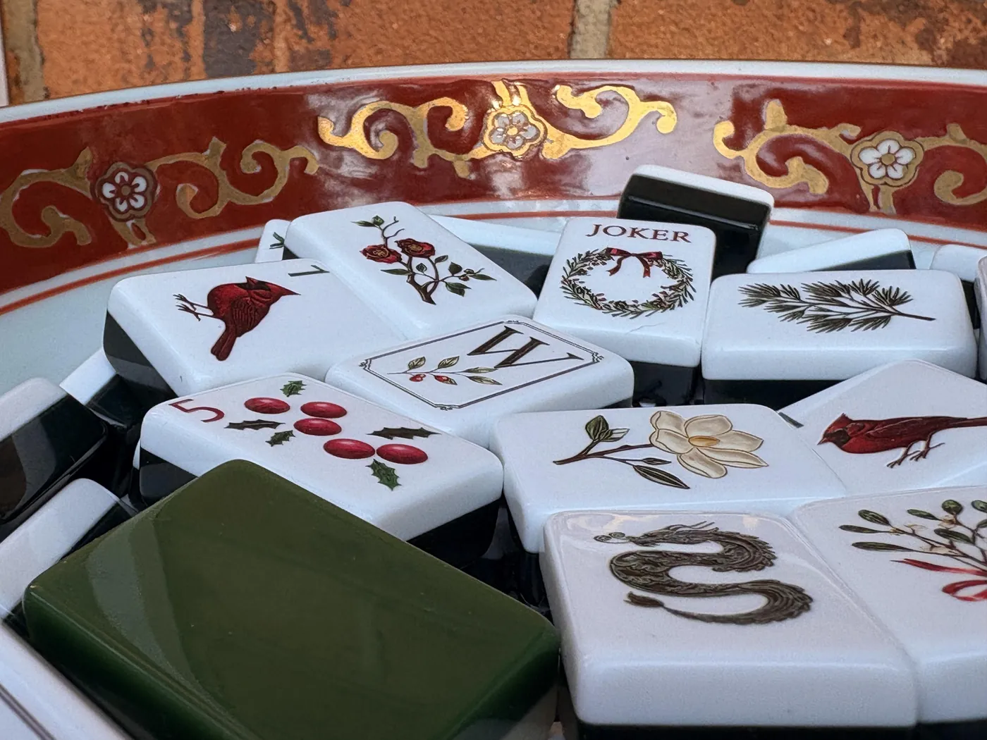 Mary Christmas tiles with a cardinal and holly