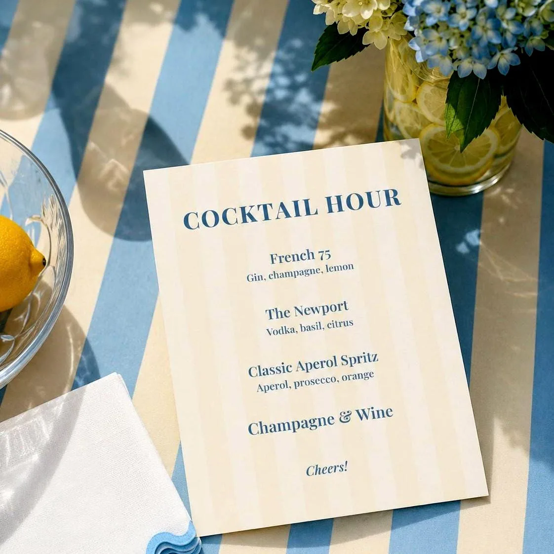 French Blue Stripe Cocktail Menu Sign