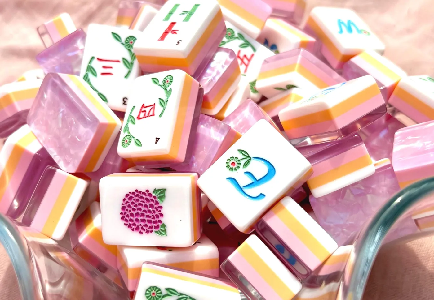 Pink Pearlescent Floral Mahjong Tiles