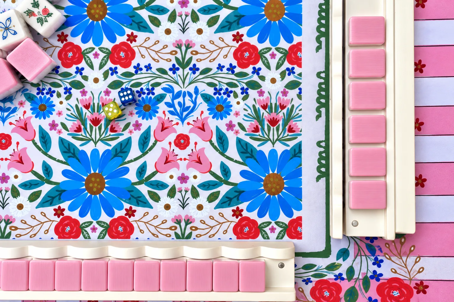 A Mary Grace Mahjong Tiles Set with a Cabana Striped Mat, Pink Mahjong Tiles and White Scalloped Racks